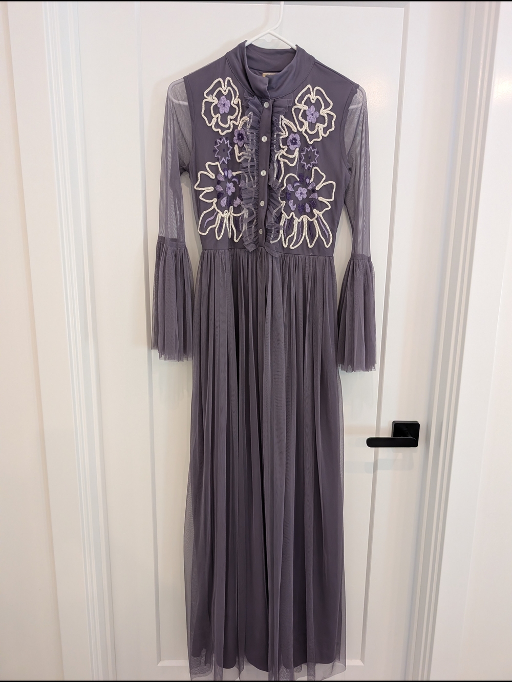 Lace & Beads ASOS Mesh Maxi Dress w/ Frill and Embroidery - Gray Purple